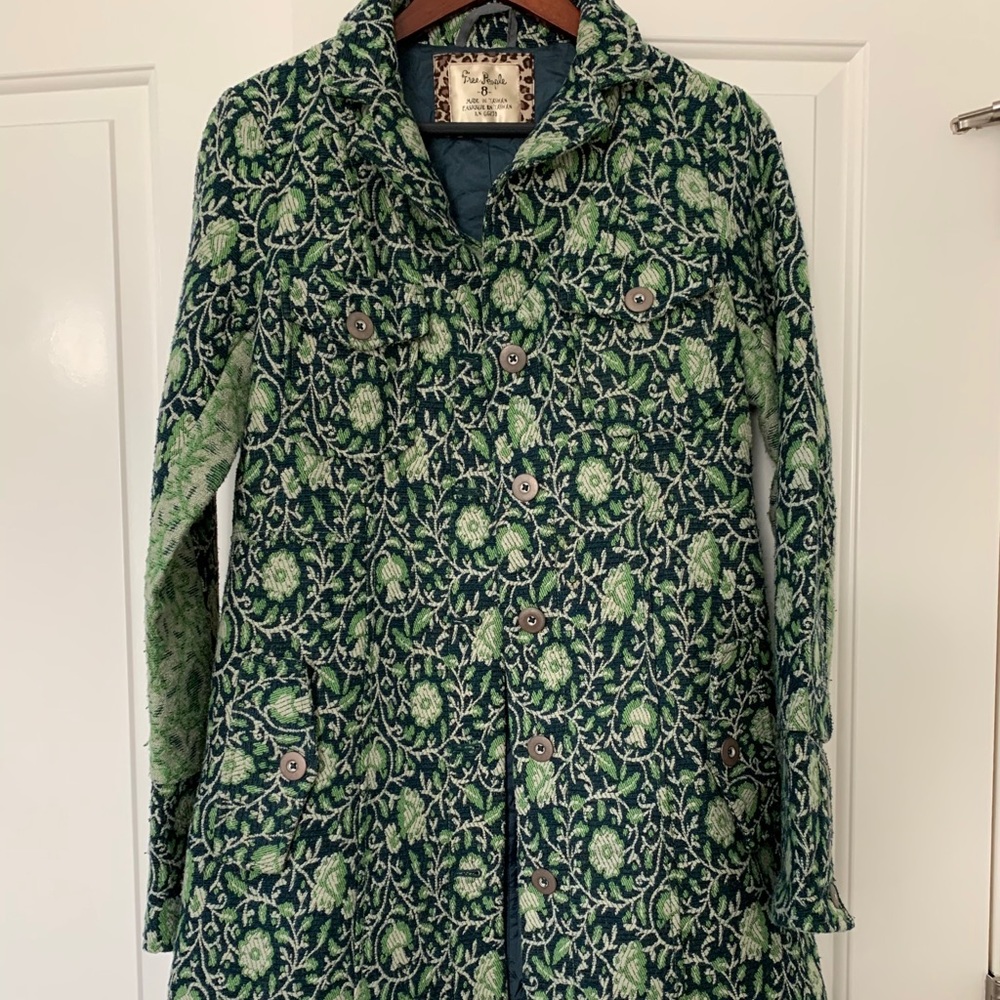 Free People Green Floral Tapestry Wool Blend Coat